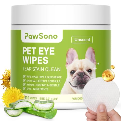 PawSono Eye Wipes for Dogs & Cats, Hypoallergenic Dog Eye Wipes Cleaner, Natural Cleaning Grooming Pet Wipes Gently Remove Tear Stain, Eye Debris, Discharge, Mucus, Non-Irritating, Unscent, 100 pcs