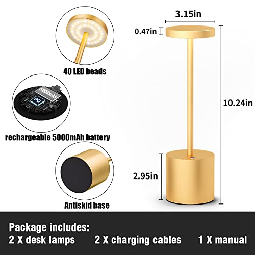 Willdoak 2 Pack Cordless Table Lamp, Rechargeable Portable Outdoor 5000Mah Battery Powered Led Desk Lamp 3-Levels Brightness Night Light Reading For Restaurant/Bedroom/Dormitor (2 Gold) #TOP2