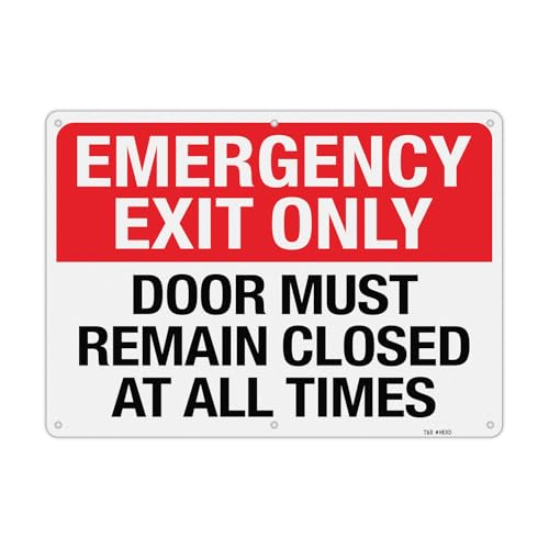 T&R Large Emergency Exit Only Sign Door Must Remain Closed At All Times - 1 Pack - 14 x 10 Inches Rust Free .040 Aluminum Reflective - UV Protected Waterproof Weatherproof and Fade Resistant - 6 Pre-drilled Holes
