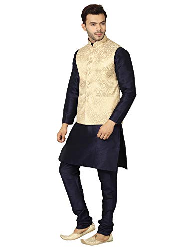 Image of Uri and MacKenzie Men's Silk Blend Regular Kurta Churidar Pyjama with Bundi Nehru Jacket /Waistcoat