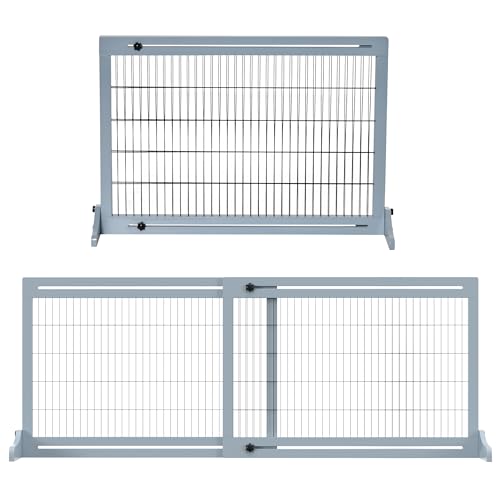 PawHut Hunde Absperrgitter aus Holz, Ausziehbares Türschutzgitter mit Fußstütze, Freistehendes Hundegitter, Treppenschutzgitter, Hundeabsperrgitter für Kamin, Ofen, Graublau, 104-180 x 36 x 69 cm