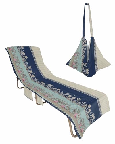 Embroidered Flower Beach Chair Towel Covers for Chaise Lounge with Side Pocket, Soft Plush Pool Towels Cover for Patio Sunbathing Outdoor 29''x85'' Vintage Geometric Botanical Floral