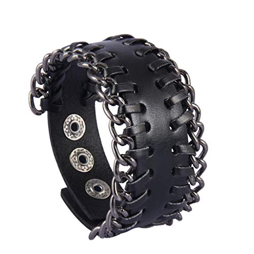 Bfiyi Punk Leather Cuff Bracelet Chain Metal Braided Wrap Bracelets Adjustable Punk Leather Wristband for Men, Women