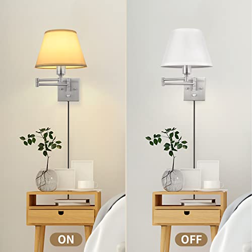 Image of TRLIFE Wall Sconce Plug in, Dimmable Wall Sconces Set of 2 Brushed Nickel Swing Arm Wall Lights with Plug in Cord and On /Off Dimmer Rotary Switch, 9.4 inch Medium White Fabric Shade(2 Pack, 2 Bulbs)