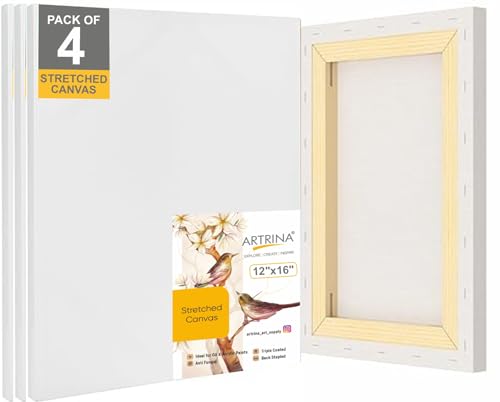 Image of Artist Standard Series 10 Oz (440 GSM) 100% Cotton Pre-Stretched Canvas with Wooden Frame 18x40 mm | Primed Canvas Stretched for Oil & Acrylic Painting 12 inch x 16 inch (30x40 cm), Pack of 4