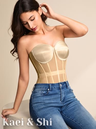 Image of Kaei&Shi Sheer Mesh Overbust Corset,Sexy Strapless Lace Up Satin Bra Corsets Top For Women Shapewear
