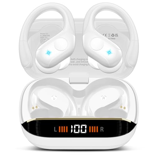 Image of Qecnato Wireless Earbuds Bluetooth 5.4 Headphones 75H Stereo Deep Bass Sports Over Ear Buds with Earhooks, LED Display Bluetooth Earbuds with 4 ENC Mic, IP7 Waterproof Earphone for Running, White