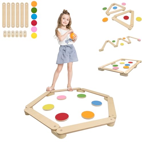 YARDIN Holz Balancierbalken mit 6 Balanciersteine für Kinder, Balance Board Spielzeug ab 3 jahre für Balance- und Sinnestraining, Schwebebalken frei Kombinierbar für Indoor und Outdoor