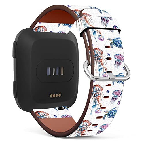 Mingdao Compatible with Fitbit Versa 2 / Versa/Versa Lite/Versa SE Patterned Leather Replacement Band (Sea Turtle And Jellyfish)