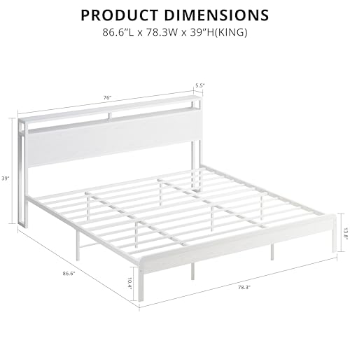 Image of LIKIMIO King Bed Frame with Headboard, Wood Camas King with Strong Supports, Sturdy, Noise-Free, No Box Spring Needed, White