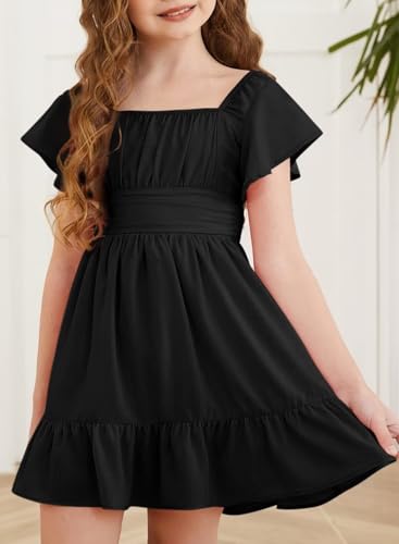 Dokotoo Kids Girls Summer Casual Ruffle Short Sleeve Back Tie Graduation Party Dress Black 8-9 Years Old thumb #2