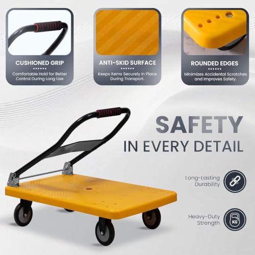 Image of Robustt 200 Kg Heavy-Duty Foldable Platform Trolley (Yellow) | Plastic Hand Truck with 360 Rotating Wheels & Cushioned Grip | Material Handling Cart for Home, Office, Warehouse & Industrial Use