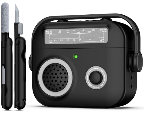 R Fun para Funda AirPods 4, Funda Protectora de Silicona Antigolpes Compatible con AirPods 4 Generación, Funda Protectora Diseño Radio Vintage con Mosquetón, LED Frontal Visible,Negro
