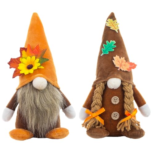 Jupsk Plush Gonk Gnome Thanksgiving Ornaments Handmade Swedish Doll Autumn Maple Leaf Sunflower Christmas Halloween Mantlepiece Table Decoration Set of 2