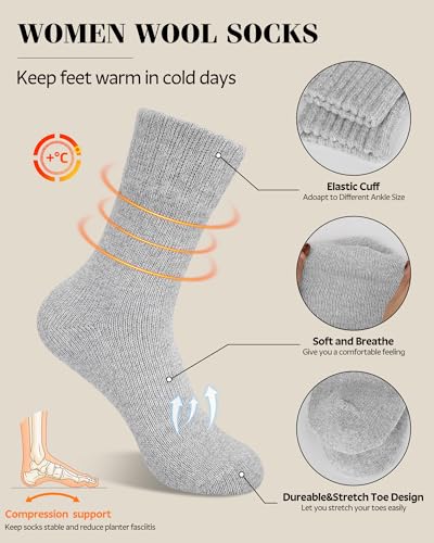 Womens Wool Socks, 5 Pairs Vintage Thick Knit Winter Warm Socks for Women Men Gifts