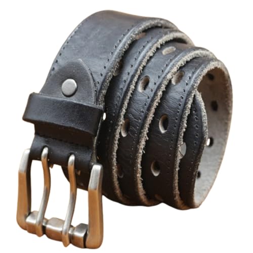 Men's Work Belt, Heavy Duty Full Grain Leather Vintage Distressed Double Prong Roller Buckle,2 Holes Waist Strap(130cm/51, Black)2