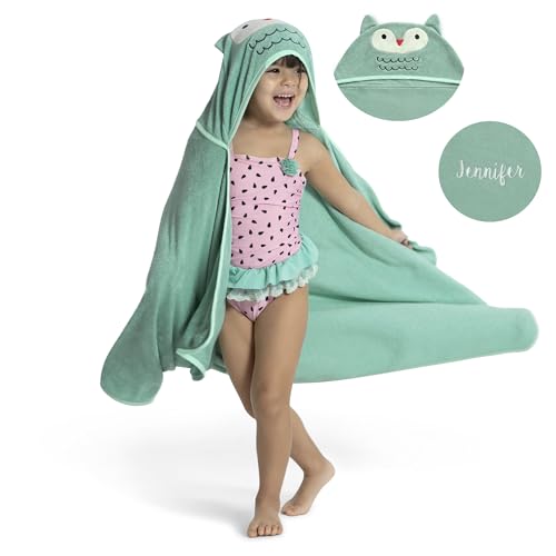 Image of Delta Children Personalized Kids Hooded Bath Towel with Pockets - Super Soft and Absorbent- Great Gift for Boys and Girls, Light Teal Owl