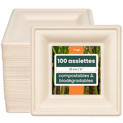 HAAGO 100 Assiettes Solides Compostables en Canne à Sucre, 26 cm / 10 Pouces Carrées – Assiettes Carton Rigides, Anti-Graisse & Anti-Fuites – Jetables pour Chaud &...
