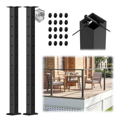 Image of 2Pack 36 inch Swageless Modular T-drilled Cable Railing Corner Post, Stainless Steel T304 Black Coated Surface Mount Three Sides 90Metal Post for Cable Railing System Deck Indoor Outdoor Balcony