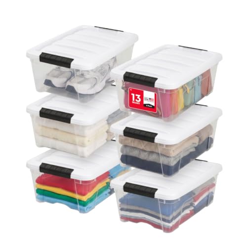 Image of IRIS USA 13 Qt Storage Bins with Lids, 6 Pack, Clear /White | Compact storage for shoes, crafts, office supplies, personal items, closet organization, and small-space storage.