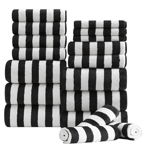 18 Pcs Black White Cabana Stripe Bath Towel Set with Hanging Loop-6 Bath Towels,6 Hand Towels,6 Washcloths Family Towels Set Bathroom Towel Highly Absorbent Quick Dry Shower Towel for Beach Spa Gym