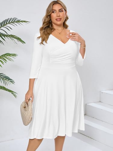 Image of Plus Size Dresses for Women A-Line V-Neck Swing Flowy 3 /4 Sleeve | 3 /4 sleeve,v neck,pockets,casual,cocktail,wedding,holiday,home,work,date party,vacation,outdoor
