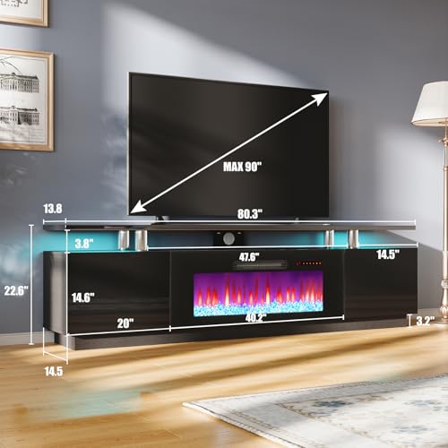 Image of AMERLIFE 80 inch High-Gloss Fireplace TV Stand with 40 inch Electric Fireplace | Black LED TV Console, Modern Living Room Entertainment Center, Fits TVs up to 90 inch, 2 Cabinets, 2-Tier Storage Space