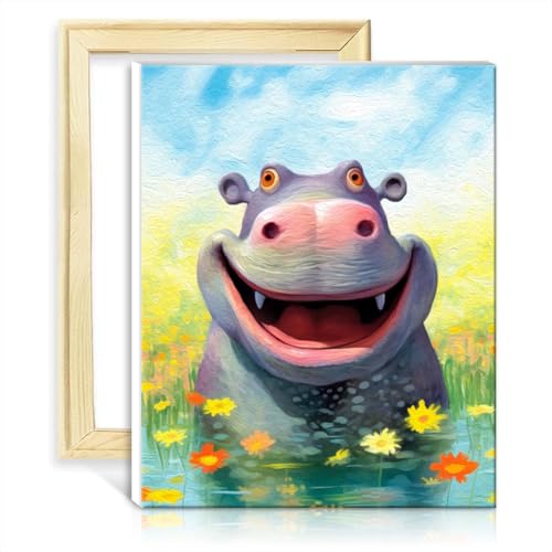 LiHEQING Pintura sobre lienzo por números, diseño de hipopótamo feliz para niños, kit de pintura al óleo para principiantes, sin marco (50 x 65 cm)