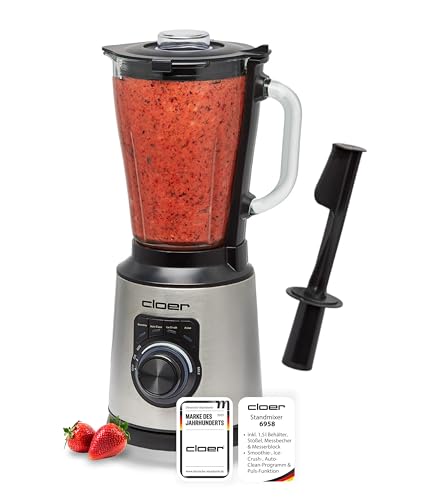 Cloer 6958 Batidora de vaso con jarra de vidrio de 1,5 l y cuchilla de 6 aspas, batidora con programas Smoothie, Ice Crush, Auto Clean y función Pulse, velocidad regulable de forma continua, 1200 W