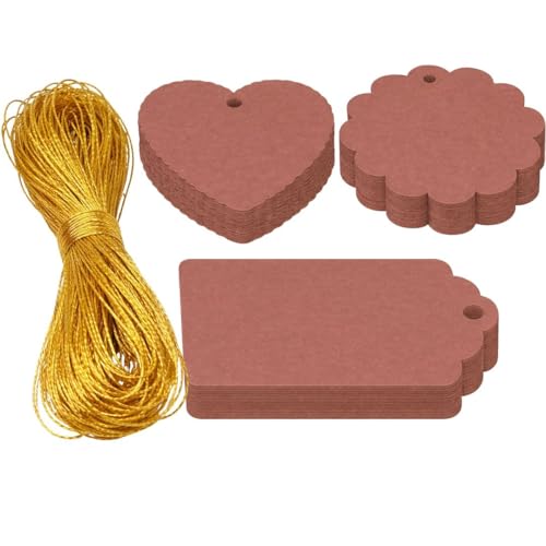 Image of CVANU Premium Gift Tags (60 Pcs) - 3 Designs Blank Hanging Tags with Pre-Punched Holes & Golden String for DIY Crafts| Gift Wrapping| Small Business & Labelling (Light Brown)