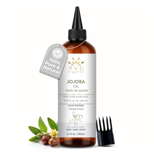 AVD ORGANICS Jojoba Oil for Skin | 100% Pure (6.7 fl oz) Cold Pressed Unrefined Hexane Free | Moisturizing for Face, Hair, Skin &amp; Nails | 200ML