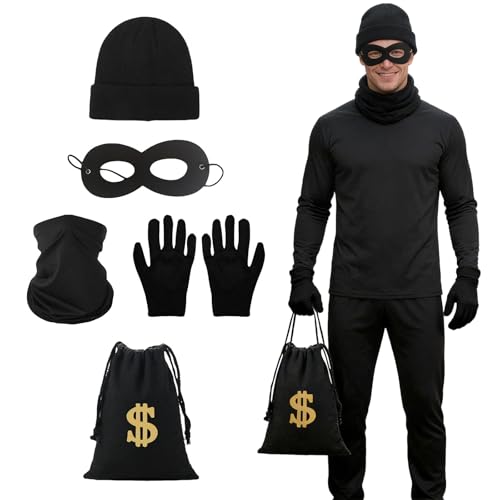 WYRGQIQN Disfraz de ladrón Completo para Halloween, Incluye máscara, Sombrero, Guantes y Bolsa, Ideal para Fiestas temáticas y Disfraces de Carnaval