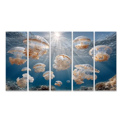 Tableau méduse magique géant dans l'océan | Toile murale XXL 5 pièces pour salon apaisant