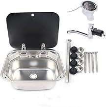RV Sink w/Lid, Square Single Bowl Sink Stainless Steel Sink with Hot & Cold Faucet Multifunctional Hand Wash Basin for Bars Food Trucks Campers Motorhomes Caravan Trailer