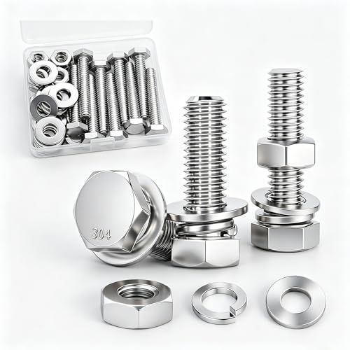 Image of 10 Sets 1 /4-20 x 1-1 /2 inch Stainless Steel Hex Head Screws Bolts, Flat, Nuts & Lock Washers,Hex Bolts 18-8(304) Full Thread