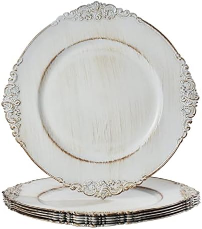 MAONAME Antique White Charger Plates, Round Antique Plate Chargers for Dinner Plates, 13" Plastic Charger for Plates, Wedding Table Setting, Set of 6