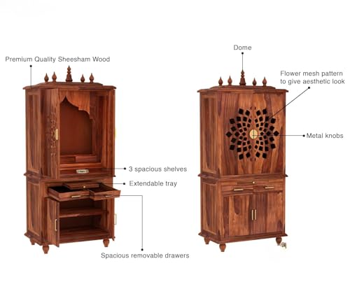 Image of Wooden Temple for Home | Big Pooja Mandir, Puja Ghar with 2 Drawer Storage, 4 Door Cabinet & Dhoop Batti Slider Stand | Solid Wood Sheesham Temple | Big puja mandir (G-Hony)