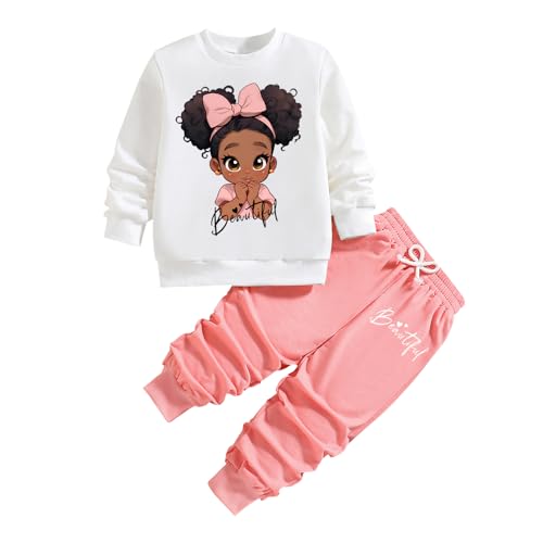 Image of Nivne Tco Toddler Girls Clothes Set - 2 Piece Cartoon Print Round Neck Sweatshirt & Sweatpants - Girls Spring Fall Outfits