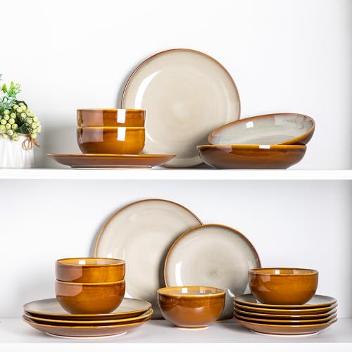 Image of LERATIO Ceramic Dinnerware Sets for 8,Stoneware Plates and Bowls Sets,Handmade Reactive Glaze Dishes Set,Chip Resistant and Scratch Resistant | Oven&Dishwasher & Microwave Safe-Kahki (24PCS)