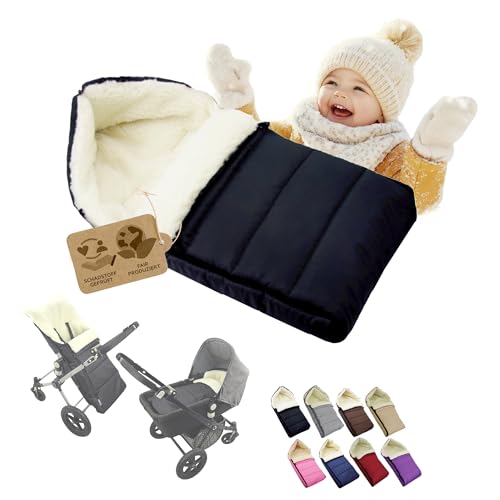 Fußsack [Winterfußsack für Kinderwagen] Buggy Babyschale oder Schlitten Babyfußsack mit Lammwolle kuschelig warm waschbar 90cm (schwarz)