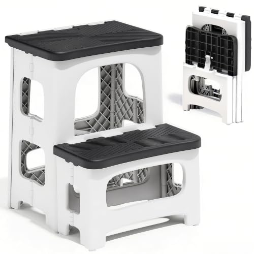Image of 2 Step Stool Foldable, Non-Slip Steps, Folding Step Stool for Adults, Plastic Stool Pool Ladder, Collapsible Stools 2 Step Ladder for Kitchen Toilet Bedroom Office RV, Holds 330 lbs