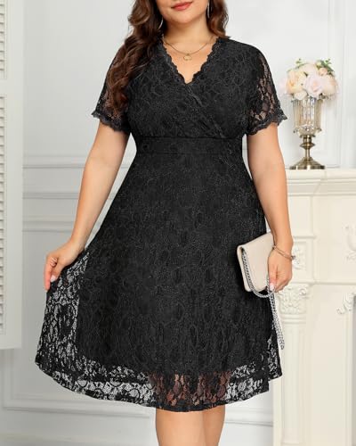 Image of Women's Wedding Guest Plus Size Semi Formal Cocktail Lace Wrap V Neck Short Sleeve Knee Length Dress