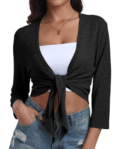 PrinStory Ladies Black Shrugs 3/4 Sleeve Summer Cardigan For Women V Neck Open Front Top Soft Tie Front Lightweight Shrugs Outwear (Black,L)