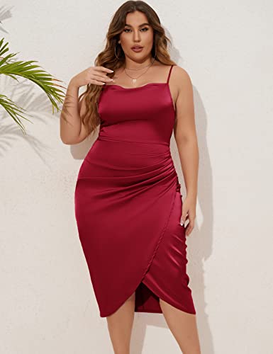Image of ZOMVA Plus Size Satin Dress 1X-4X Ruched Cowl Neck Spaghetti Strap Elegant Midi Dress Wedding Guest Cocktail Party