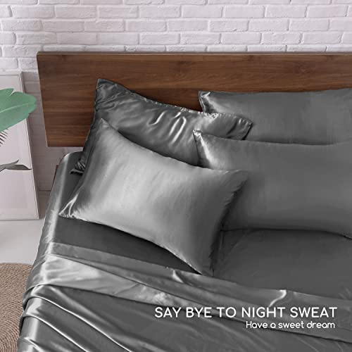 Image of MR&HM Satin Bed Sheets, Queen Size Sheets Set, 6 Pcs Silky Bedding Set with 15 Inches Deep Pocket for Mattress (Queen, Dark Grey)