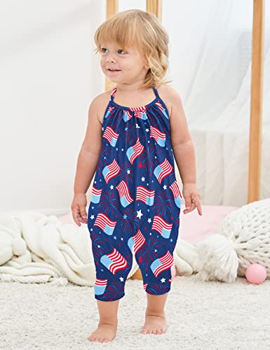 Lindanina American Flag Print Toddler Girl Romper Backless Halter Jumpsuits 12-24 Months Baby Infant Cute Sleeveless One Piece Clothes Summer Overalls Birthday Outfit With Pockets #TOP1