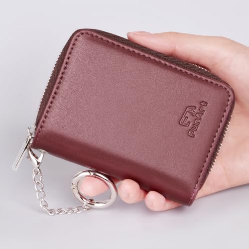 Image of FurArt Zipper Wallet Women, RFID Blocking Credit Card Wallet, Business Card Holder, Compact Size KeyChain Wallet, Pearl Burgundy, small, Classic