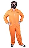 Das orangene Straflingskostüm für Herren ist ein Jumpsuit mit Reißverschluss auf der Vorderseite