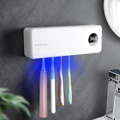 Auntyfey Sanitizeri Toothbrush Holder, Sanitizeri Toothbrush Cleaner, 2000mAh Rechargeable Cordless Wall Mounted Holders for Bathroom, 4 Slots & Timer Function, White