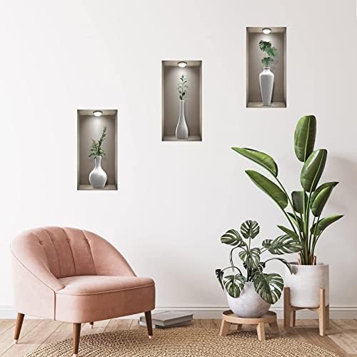 3D Wall Stickers Living Room, TOARTI 3D Wall Art Stickers, Realistic 3D Window View Scenery Wall Sticker, Vase Wall Decal, Plant Wall Stickers for Bedrooms Bathroom Kitchen Wall Decor(Set of 3,8X16)
